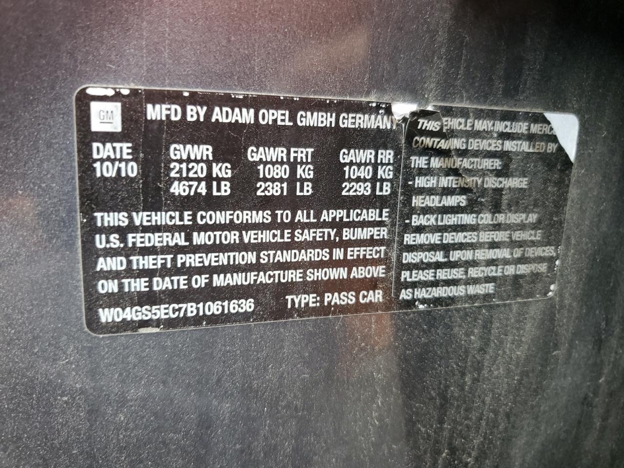 2011 Buick Regal Cxl VIN: W04GS5EC7B1061636 Lot: 70885105