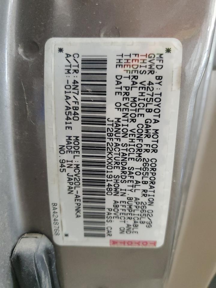 1999 Toyota Camry Le VIN: JT2BF22KXX0191480 Lot: 69553355