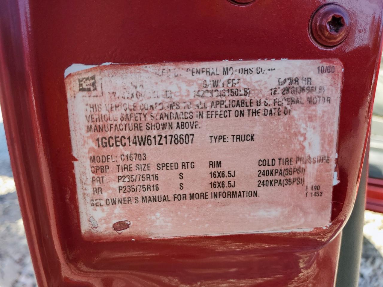 2001 Chevrolet Silverado C1500 VIN: 1GCEC14W61Z178607 Lot: 69083205