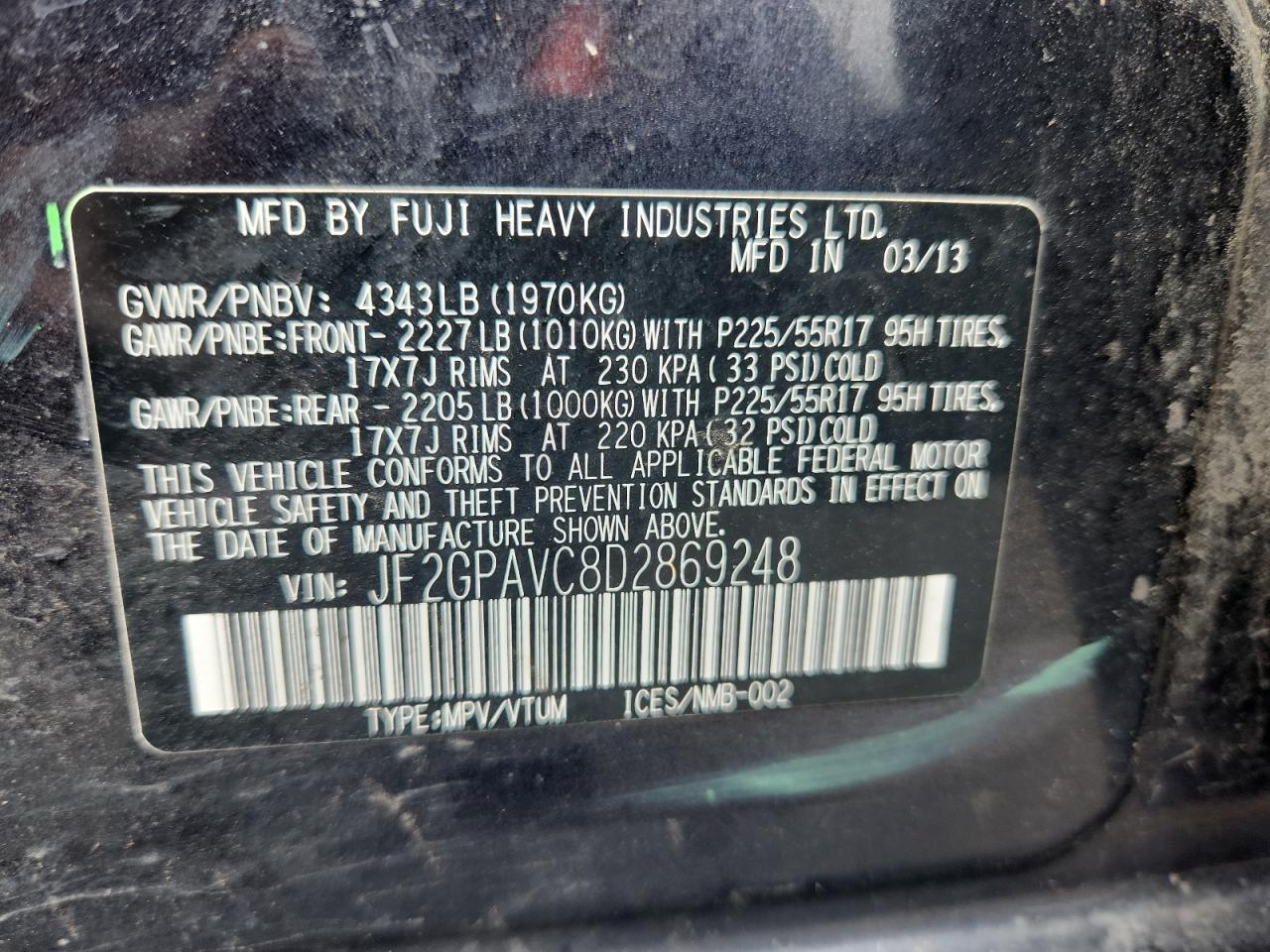 2013 Subaru Xv Crosstrek 2.0 Premium VIN: JF2GPAVC8D2869248 Lot: 70043975