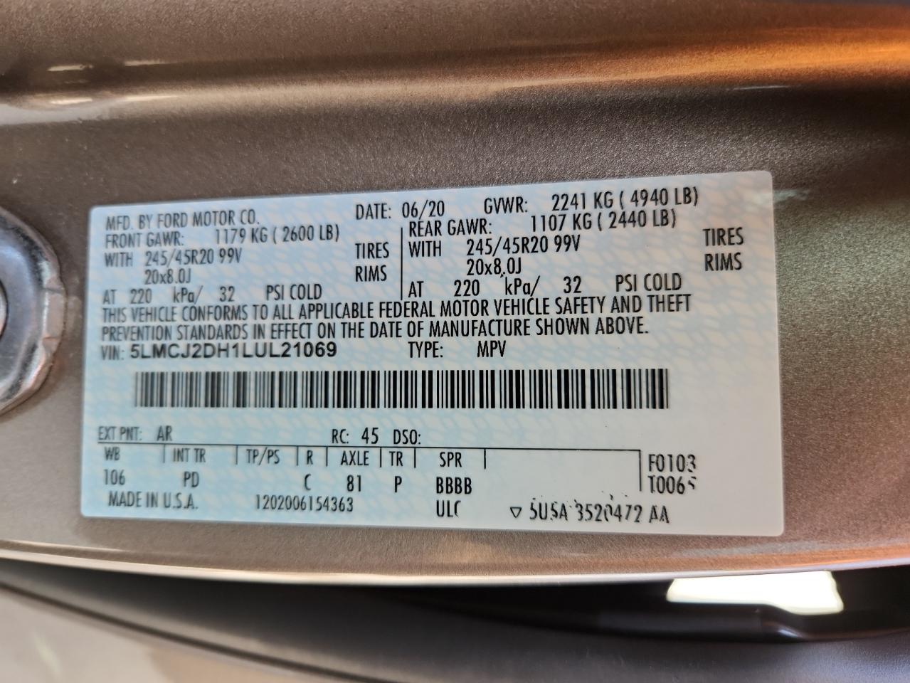 2020 Lincoln Corsair Reserve VIN: 5LMCJ2DH1LUL21069 Lot: 64697645