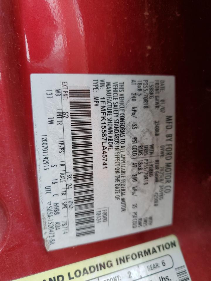 2007 Ford Expedition El Xlt VIN: 1FMFK15587LA45741 Lot: 70384765