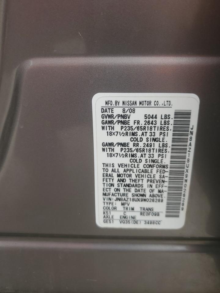 2009 Nissan Murano S VIN: JN8AZ18UX9W026269 Lot: 67577475