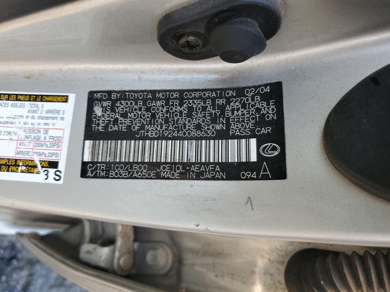 2004 Lexus Is 300 VIN: JTHBD192440088630 Lot: 66862465