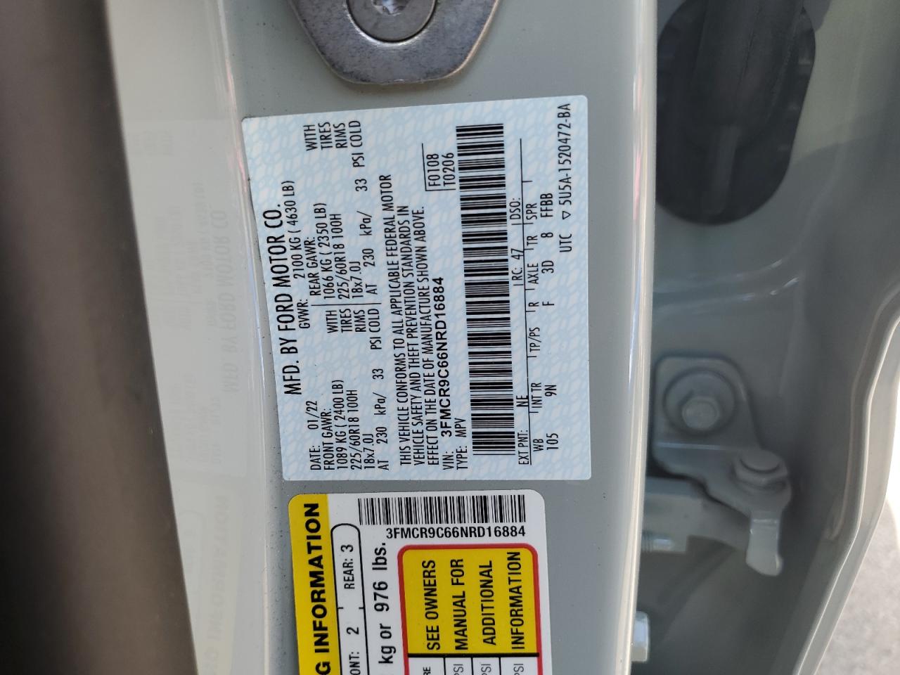 2022 Ford Bronco Sport Outer Banks VIN: 3FMCR9C66NRD16884 Lot: 70774565