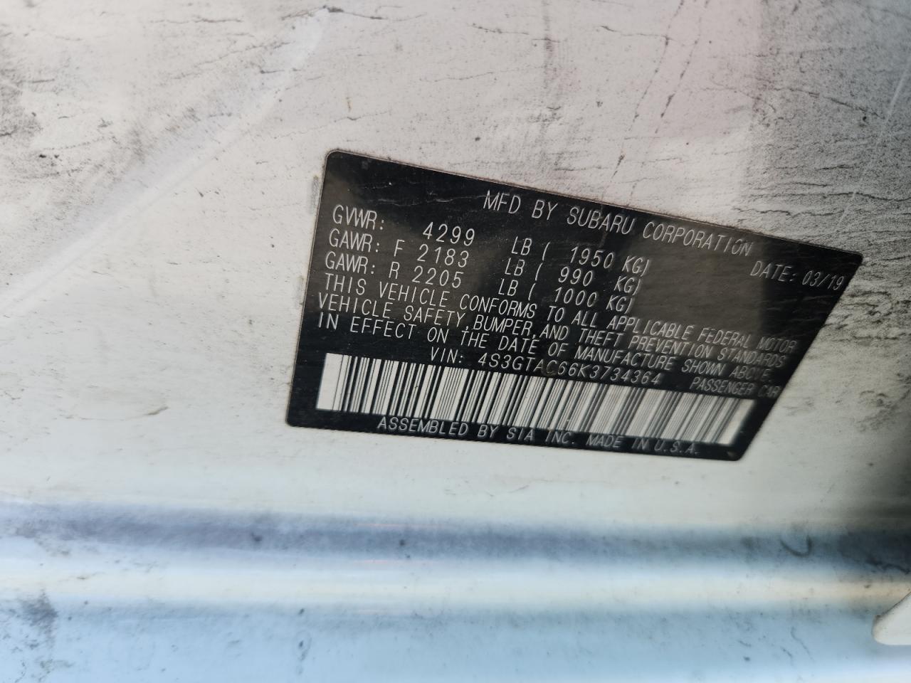 2019 Subaru Impreza Premium VIN: 4S3GTAC66K3734364 Lot: 67448605