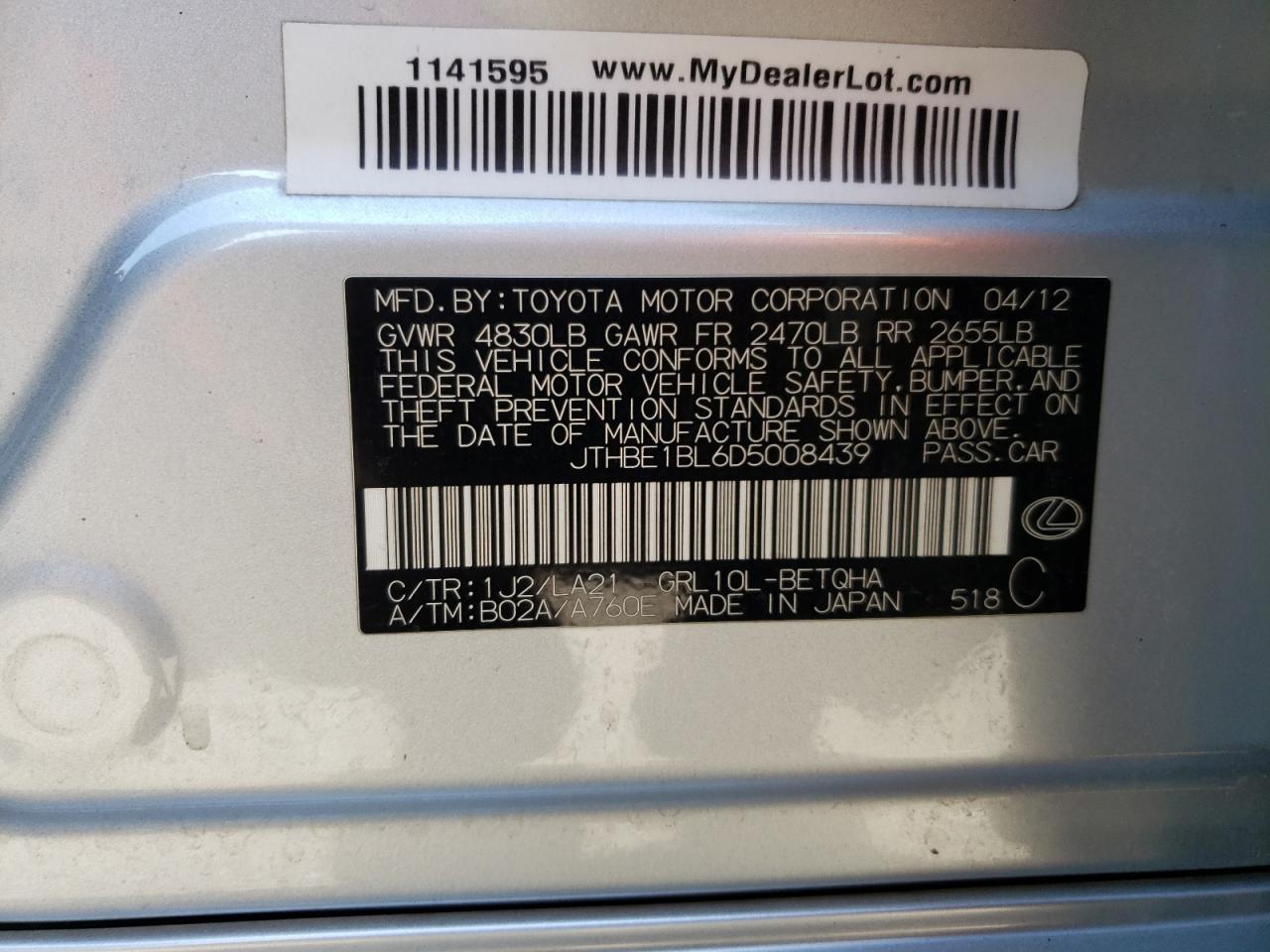 2013 Lexus Gs 350 VIN: JTHBE1BL6D5008439 Lot: 68208845