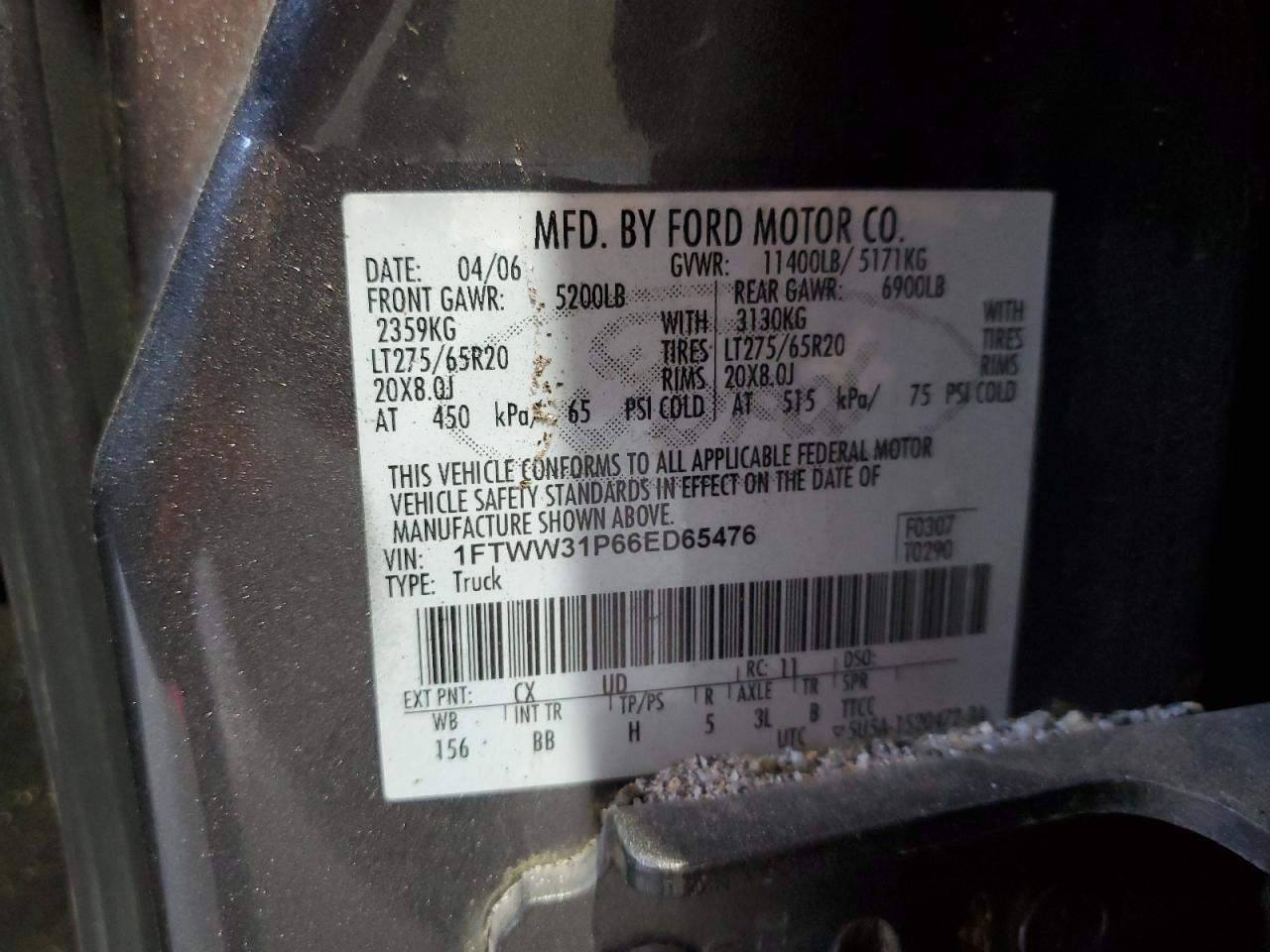 2006 Ford F350 Srw Super Duty VIN: 1FTWW31P66ED65476 Lot: 69652665