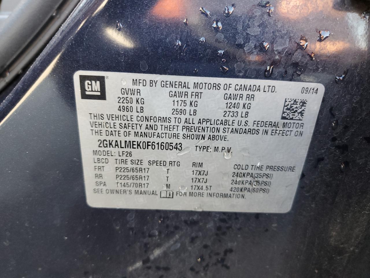 2015 GMC Terrain Sle VIN: 2GKALMEK0F6160543 Lot: 68579305