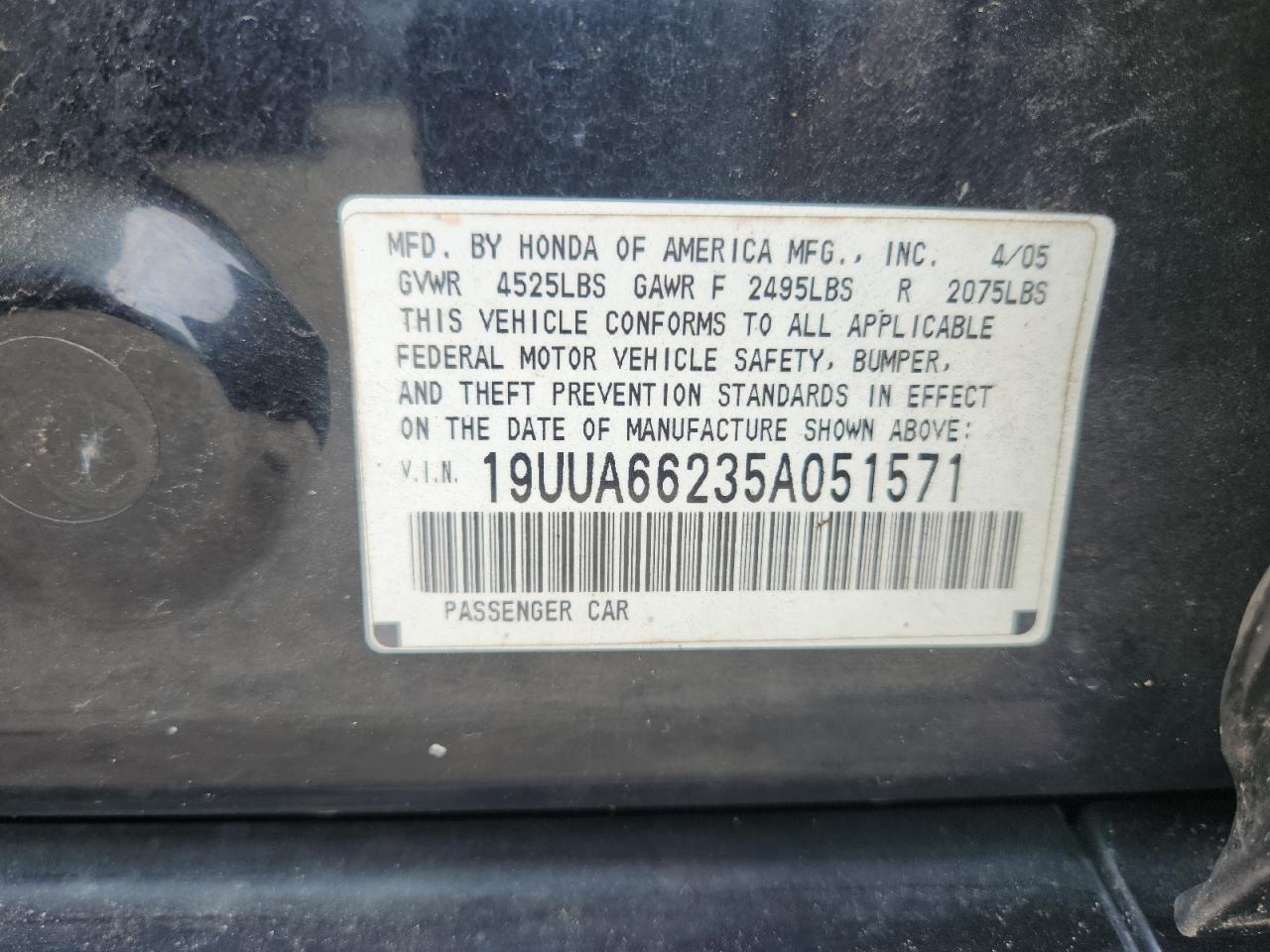 2005 Acura Tl VIN: 19UUA66235A051571 Lot: 70159975