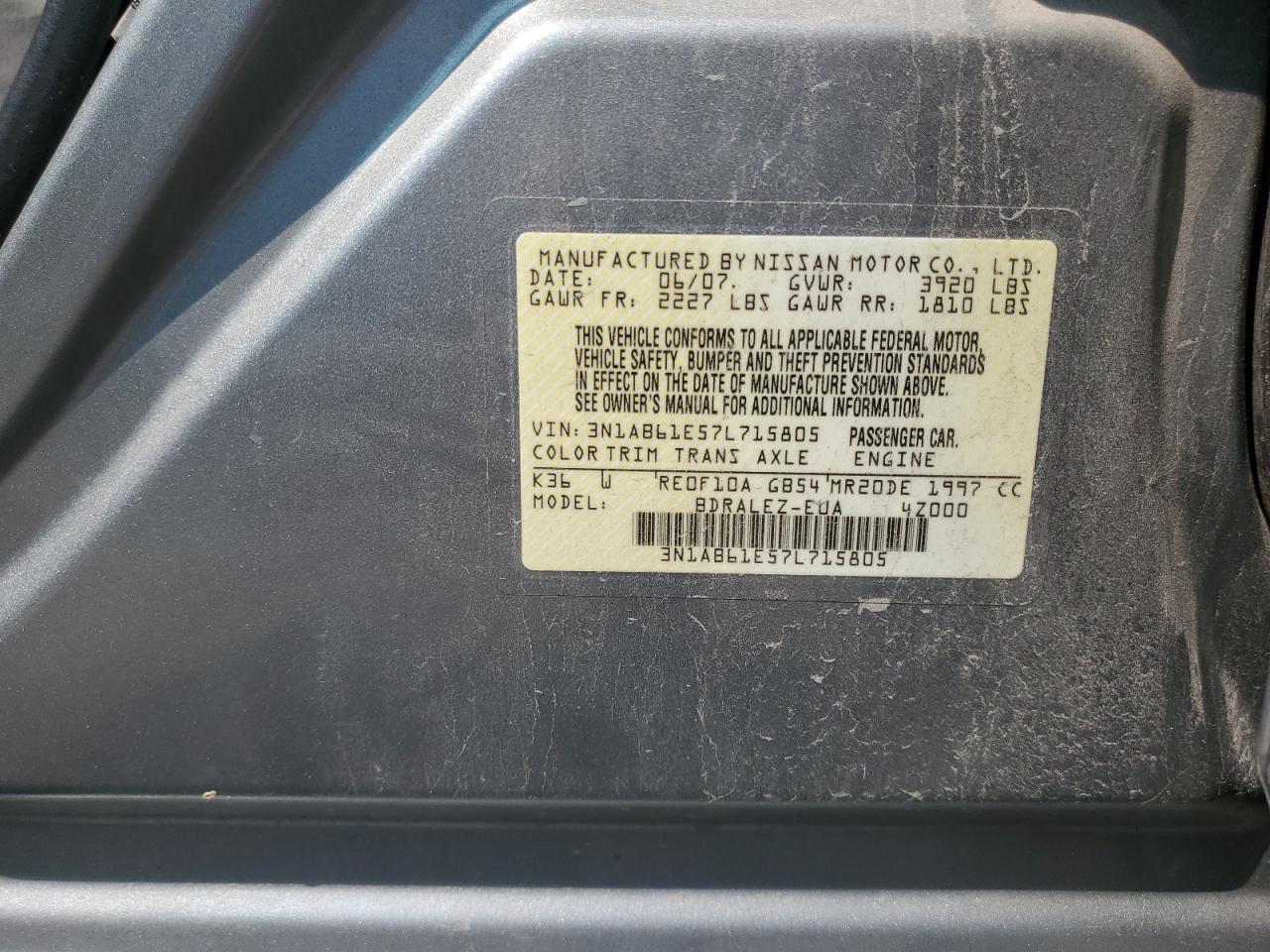 2007 Nissan Sentra 2.0 VIN: 3N1AB61E57L715805 Lot: 67116965