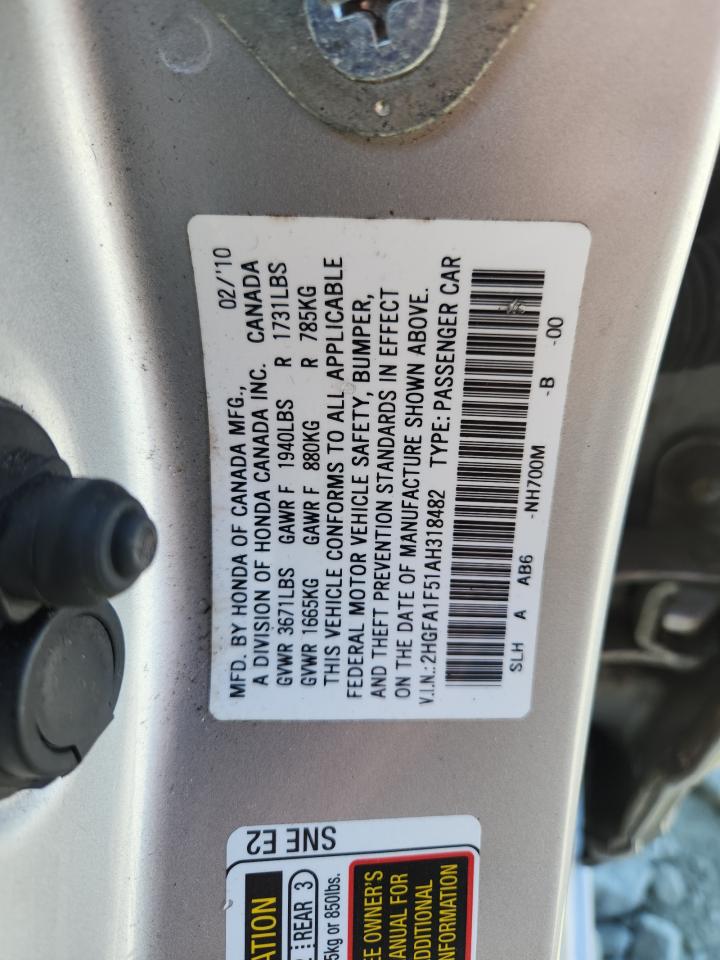 2010 Honda Civic Lx VIN: 2HGFA1F51AH318482 Lot: 70943505