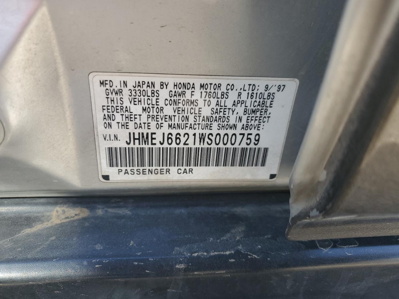1998 Honda Civic Dx VIN: JHMEJ6621WS000759 Lot: 68038975