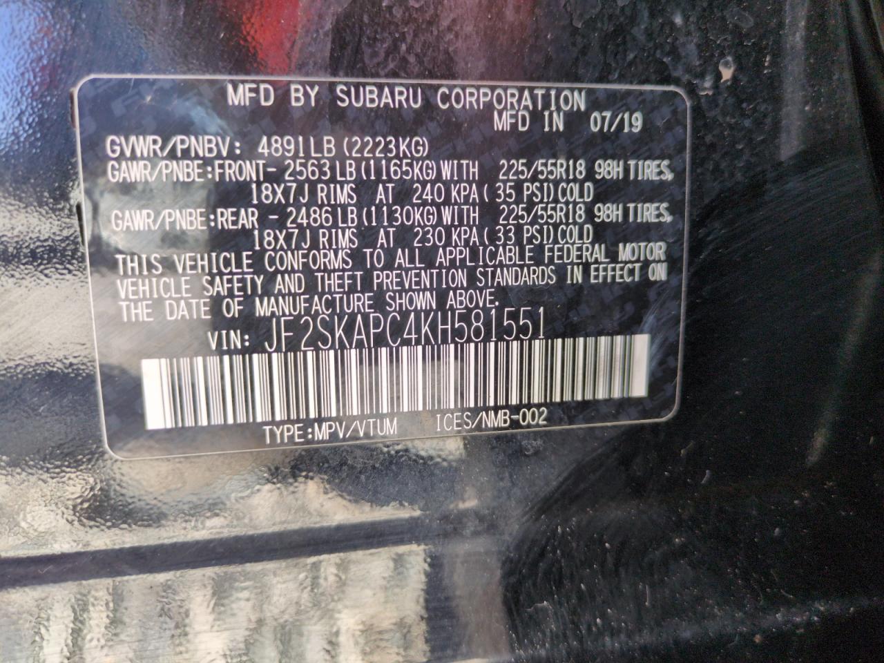 2019 Subaru Forester Sport VIN: JF2SKAPC4KH581551 Lot: 69484335