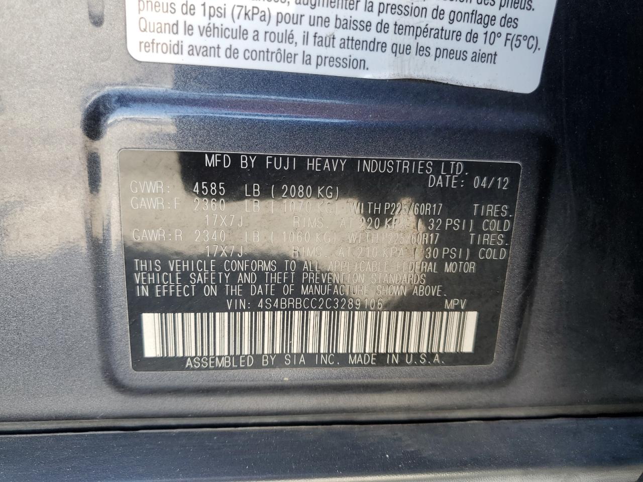 4S4BRBCC2C3289106 2012 Subaru Outback 2.5I Premium