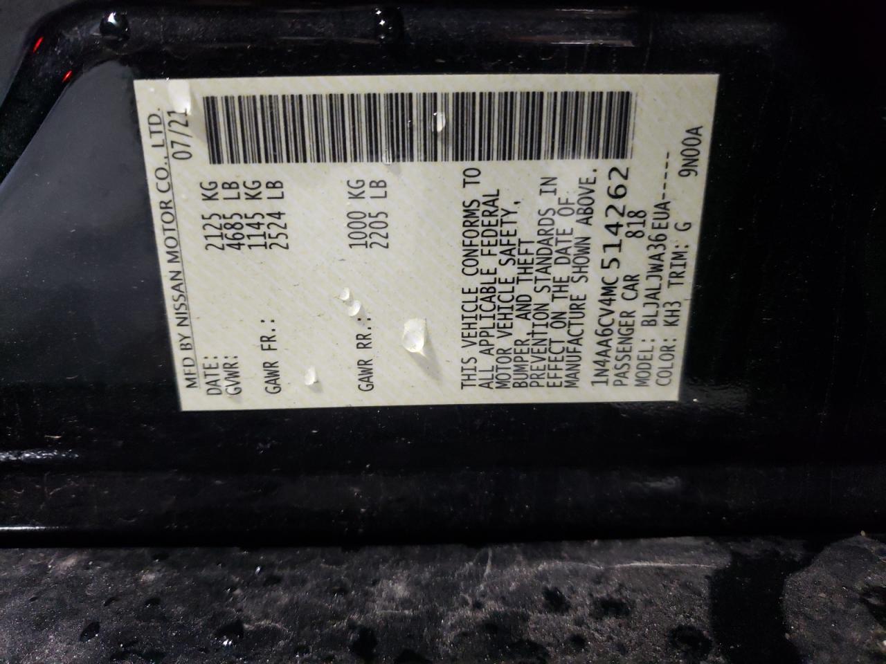 2021 Nissan Maxima Sv VIN: 1N4AA6CV4MC514262 Lot: 67559625