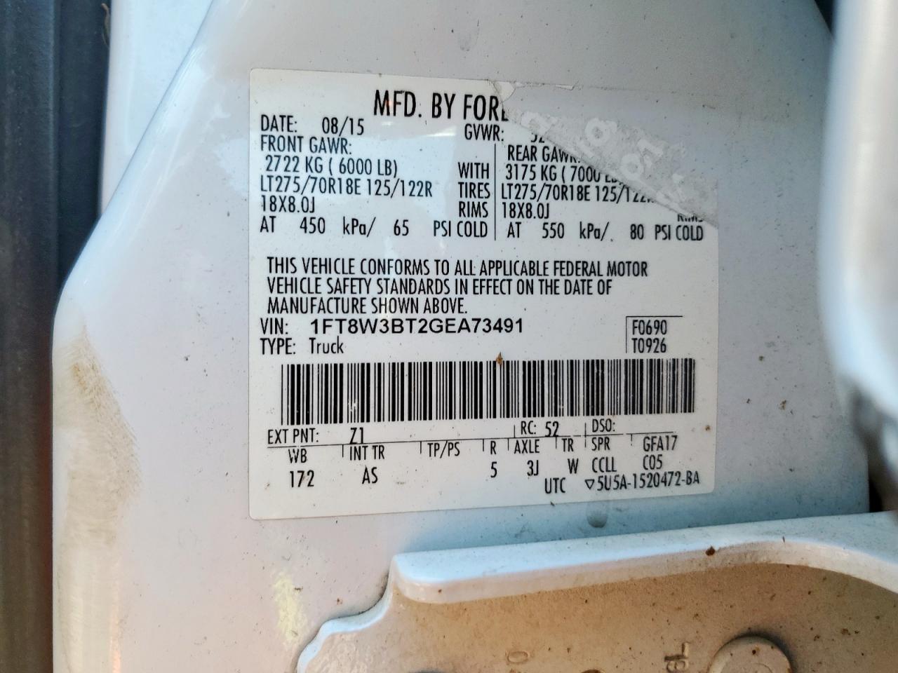 2016 Ford Truck F350 Crew C Pu 4X4 C VIN: 1FT8W3BT2GEA73491 Lot: 68027665