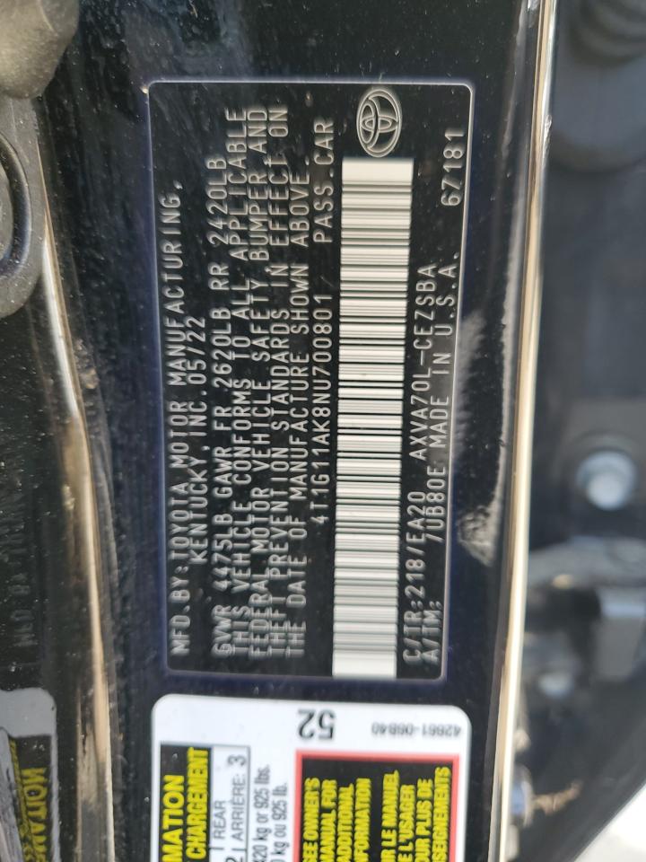 2022 Toyota Camry Se VIN: 4T1G11AK8NU700801 Lot: 68453315