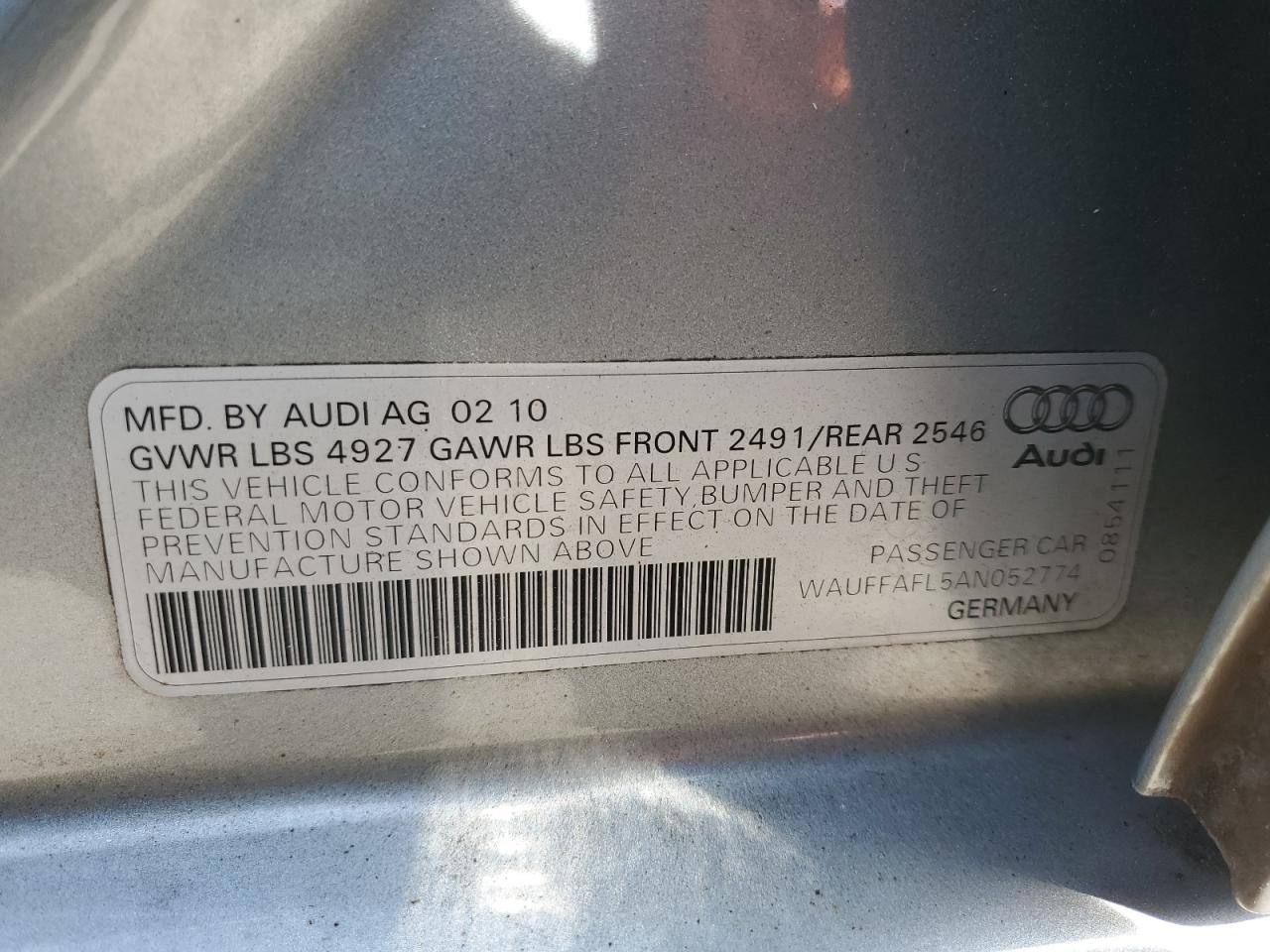 2010 Audi A4 Premium Plus VIN: WAUFFAFL5AN052774 Lot: 70260585