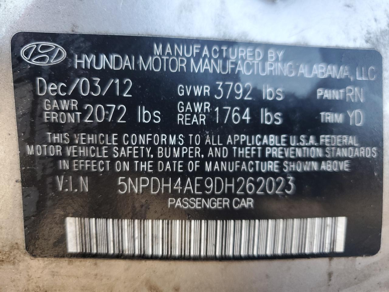 2013 Hyundai Elantra Gls VIN: 5NPDH4AE9DH262023 Lot: 69044855