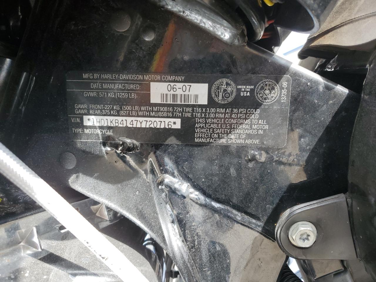 2007 Harley-Davidson Flhx VIN: 1HD1KB4147Y720716 Lot: 70152815