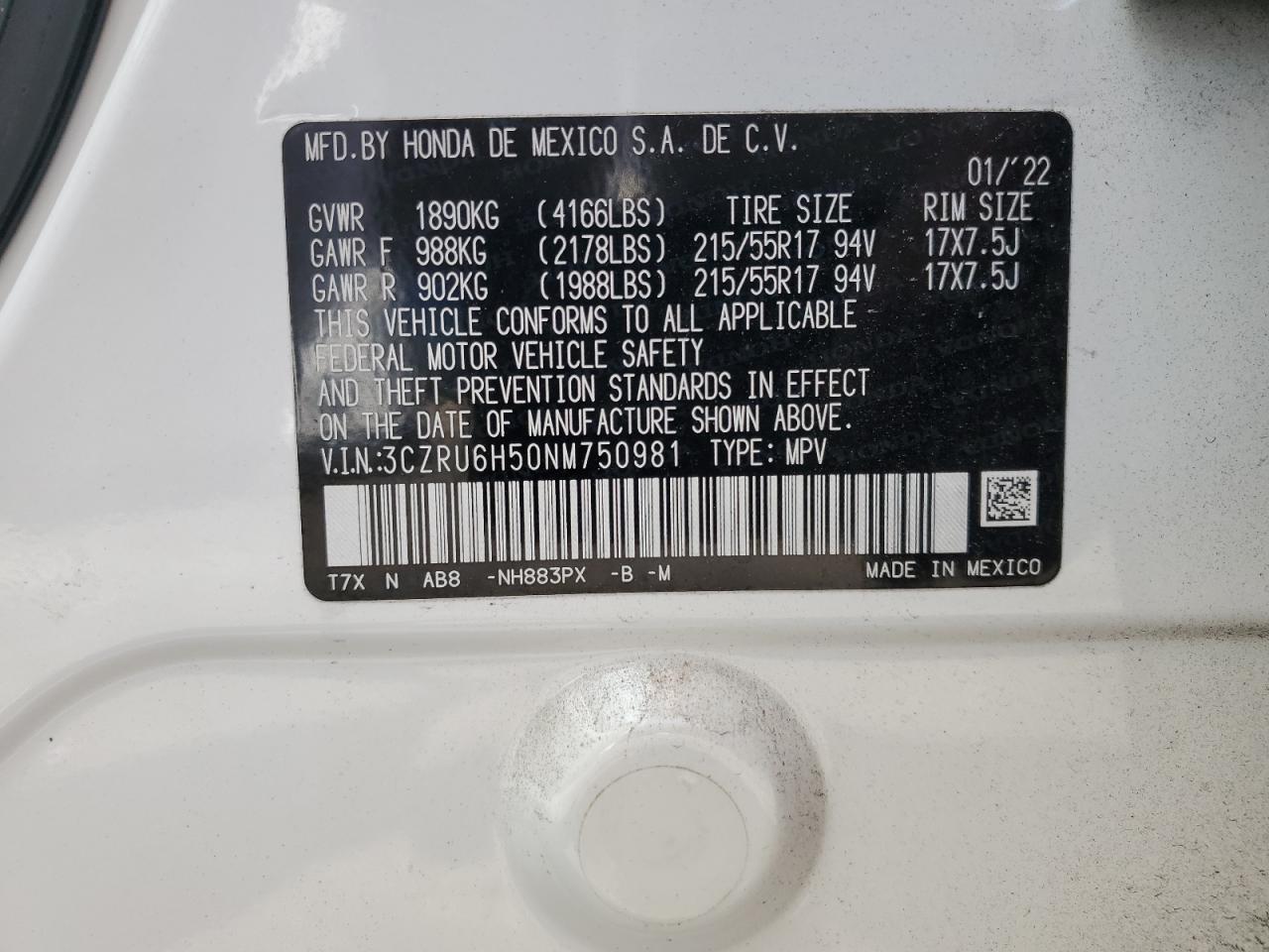 2022 Honda Hr-V Ex VIN: 3CZRU6H50NM750981 Lot: 69587915
