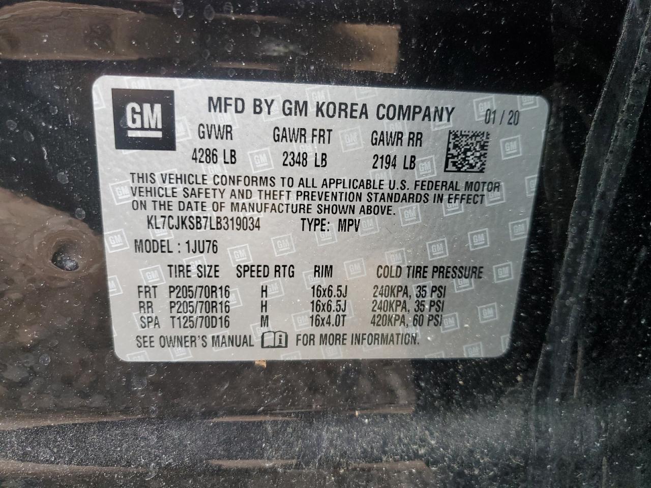 2020 Chevrolet Trax Ls VIN: KL7CJKSB7LB319034 Lot: 70152985