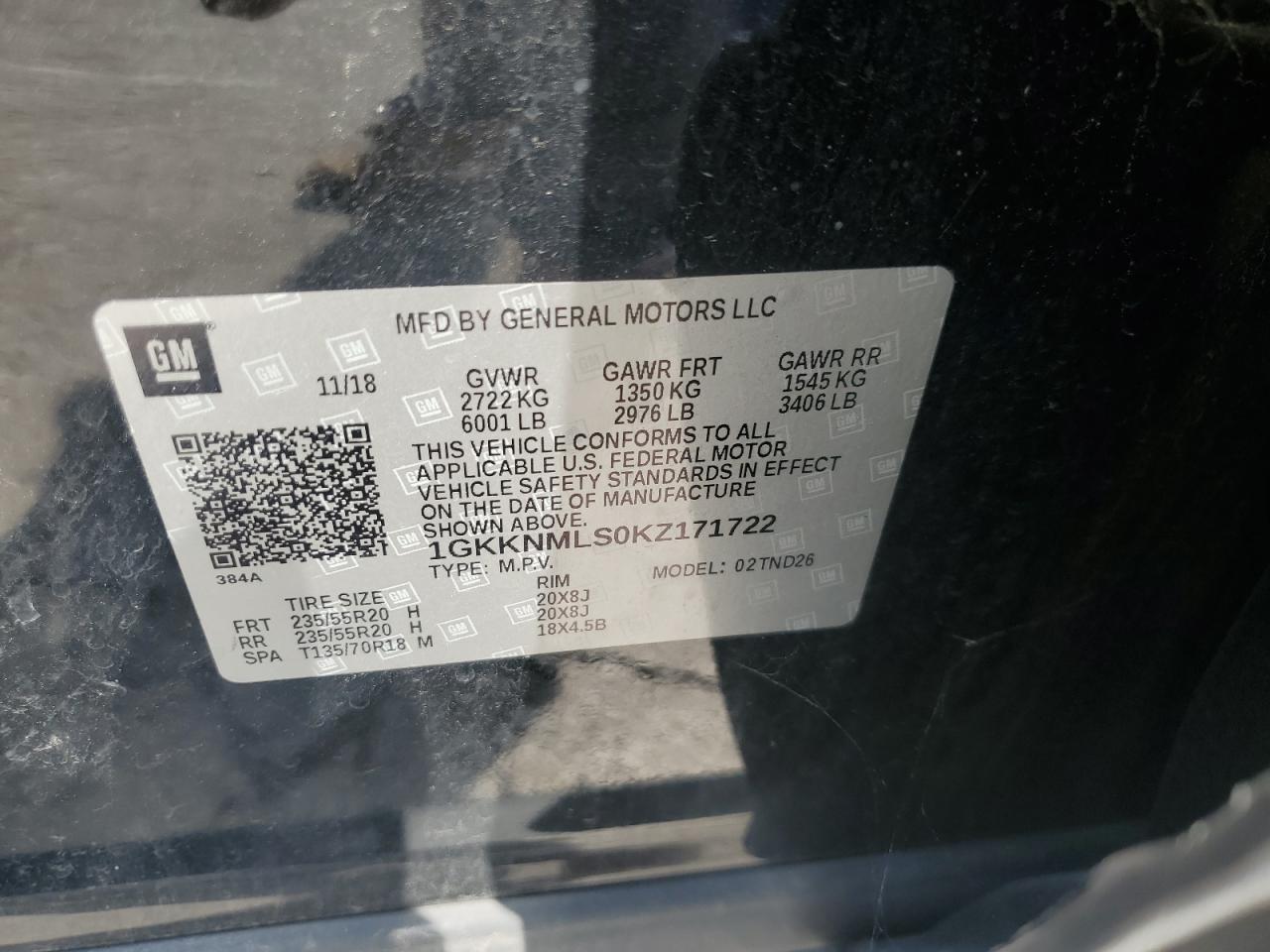 2019 GMC Acadia Slt-1 VIN: 1GKKNMLS0KZ171722 Lot: 68343775