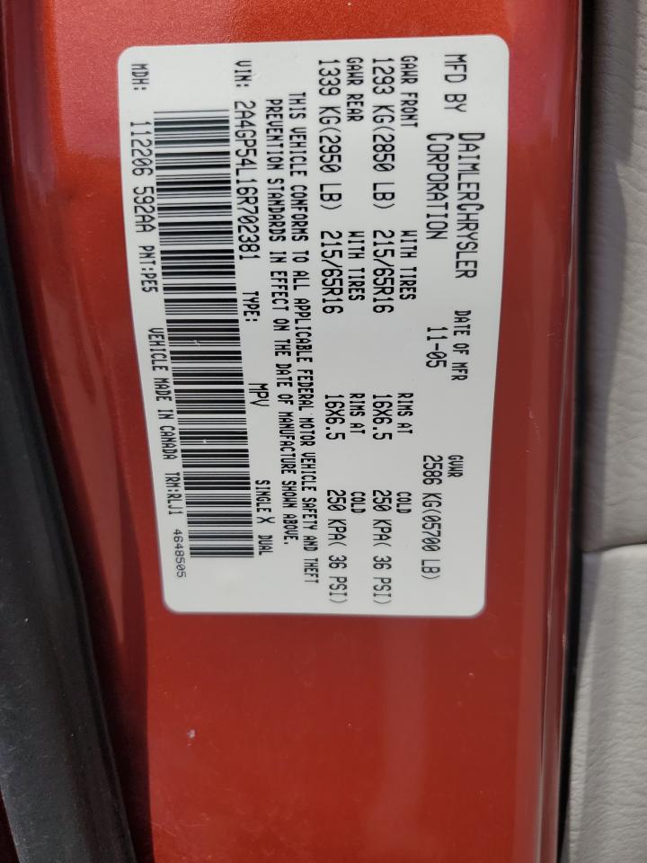 2006 Chrysler Town & Country Touring VIN: 2A4GP54L16R702381 Lot: 70942645