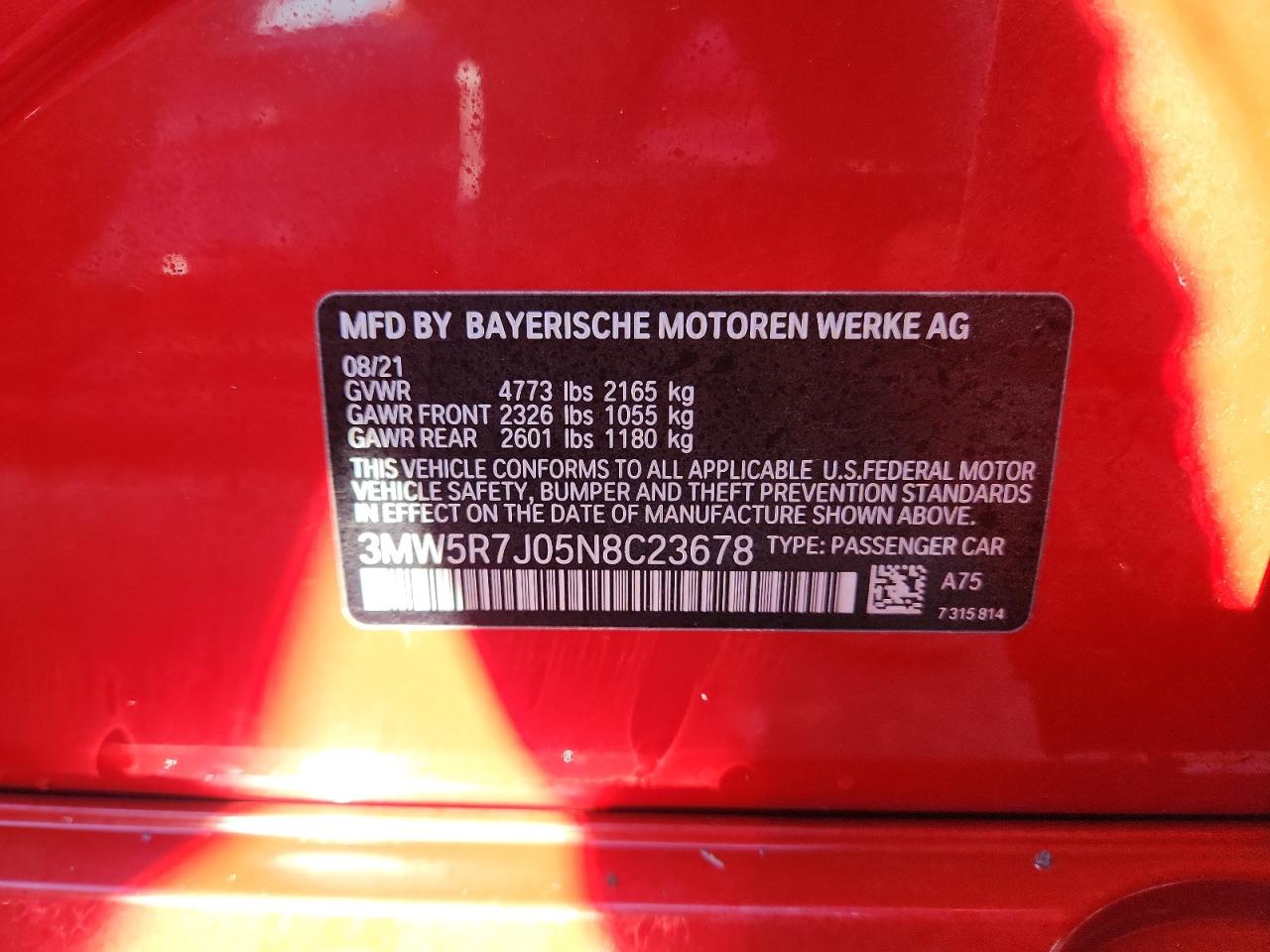 2022 BMW 330Xi VIN: 3MW5R7J05N8C23678 Lot: 69925595