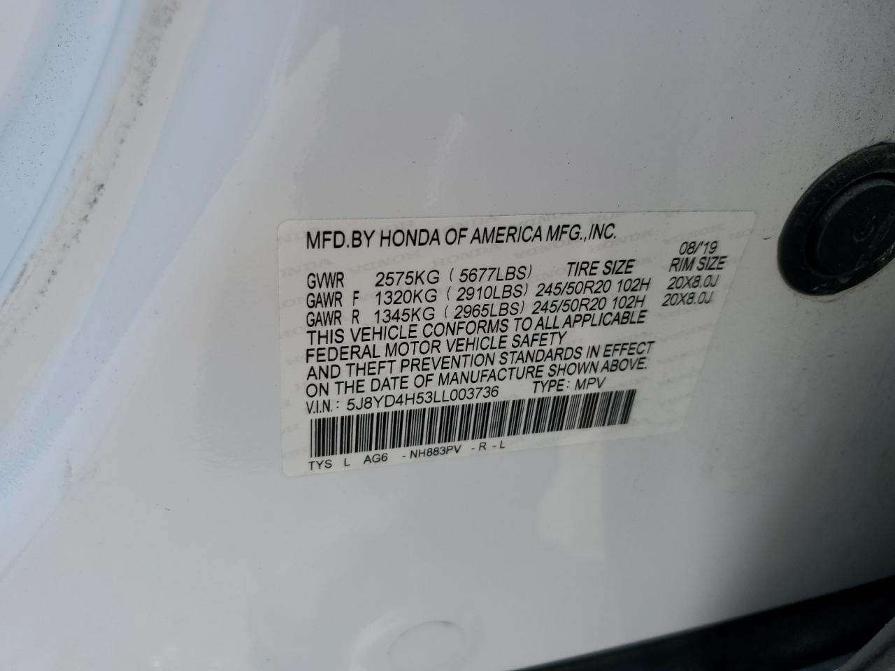 2020 Acura Mdx Technology VIN: 5J8YD4H53LL003736 Lot: 67626285