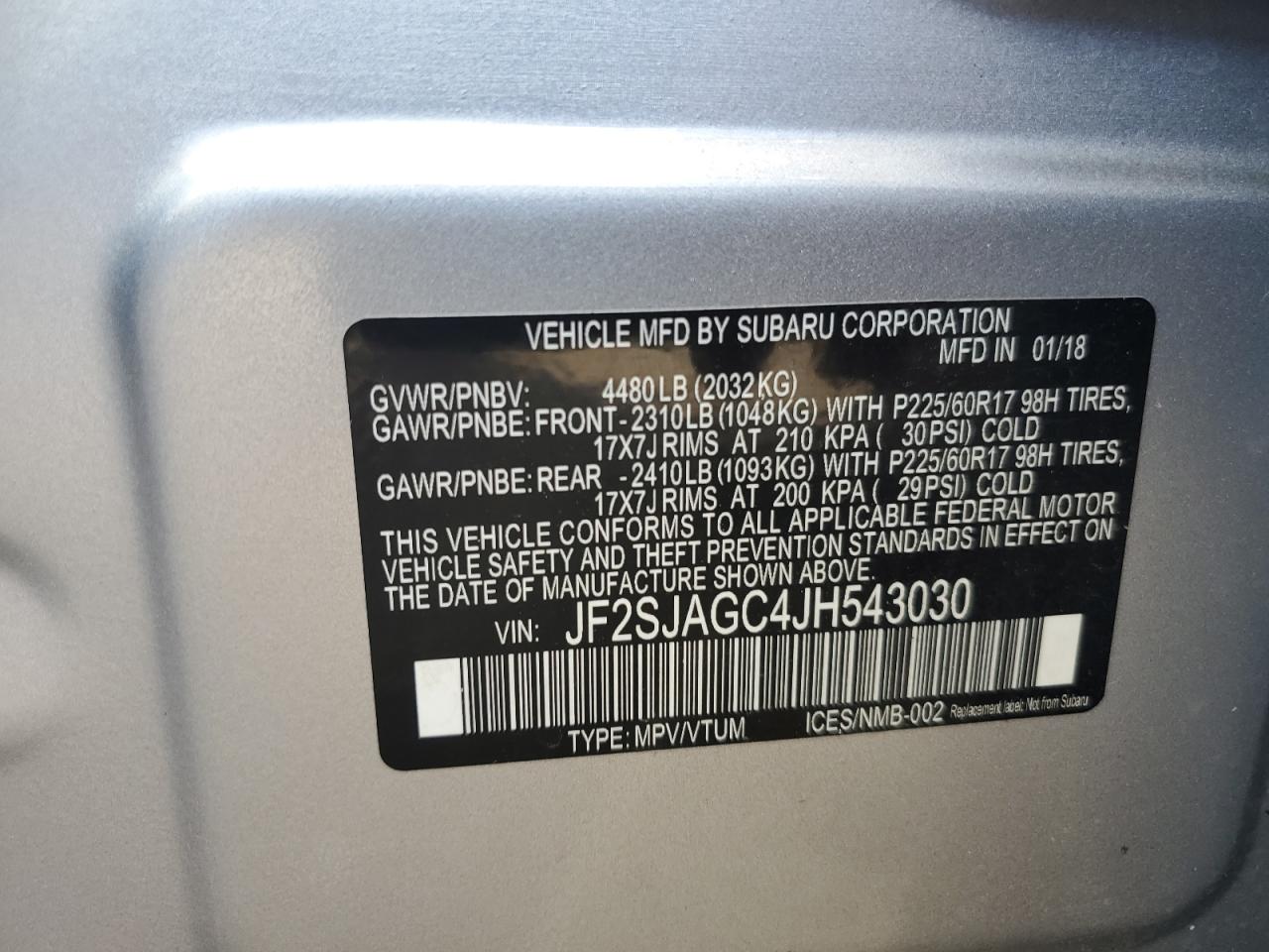 2018 Subaru Forester 2.5I Premium VIN: JF2SJAGC4JH543030 Lot: 67402265