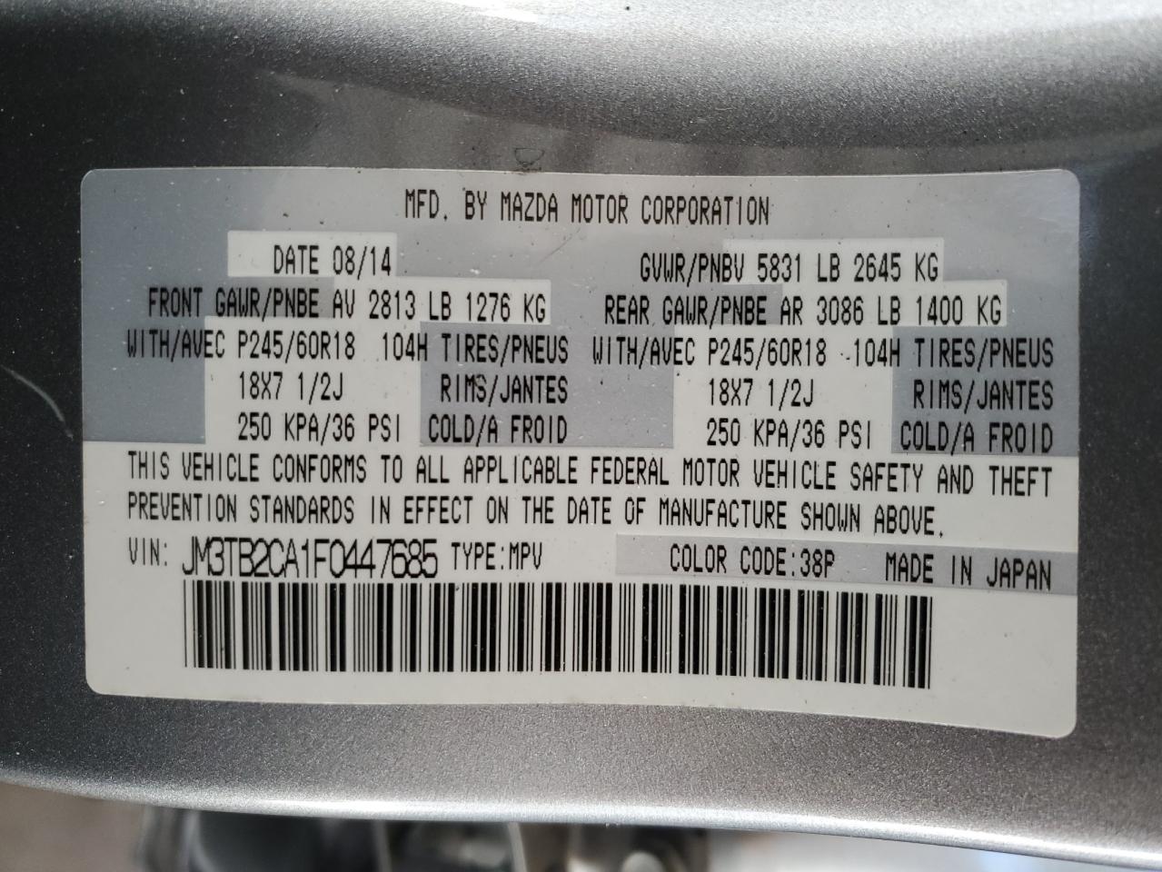 2015 Mazda Cx-9 Touring VIN: JM3TB2CA1F0447685 Lot: 69888835