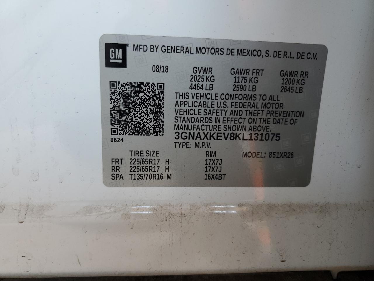 2019 Chevrolet Equinox Lt VIN: 3GNAXKEV8KL131075 Lot: 70215995