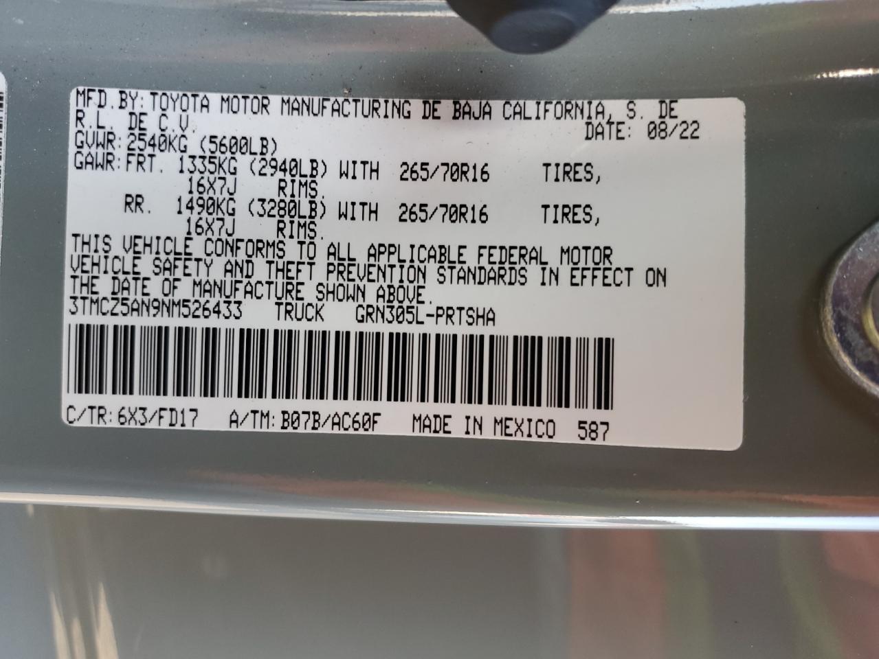 2022 Toyota Tacoma Double Cab VIN: 3TMCZ5AN9NM526433 Lot: 70250135