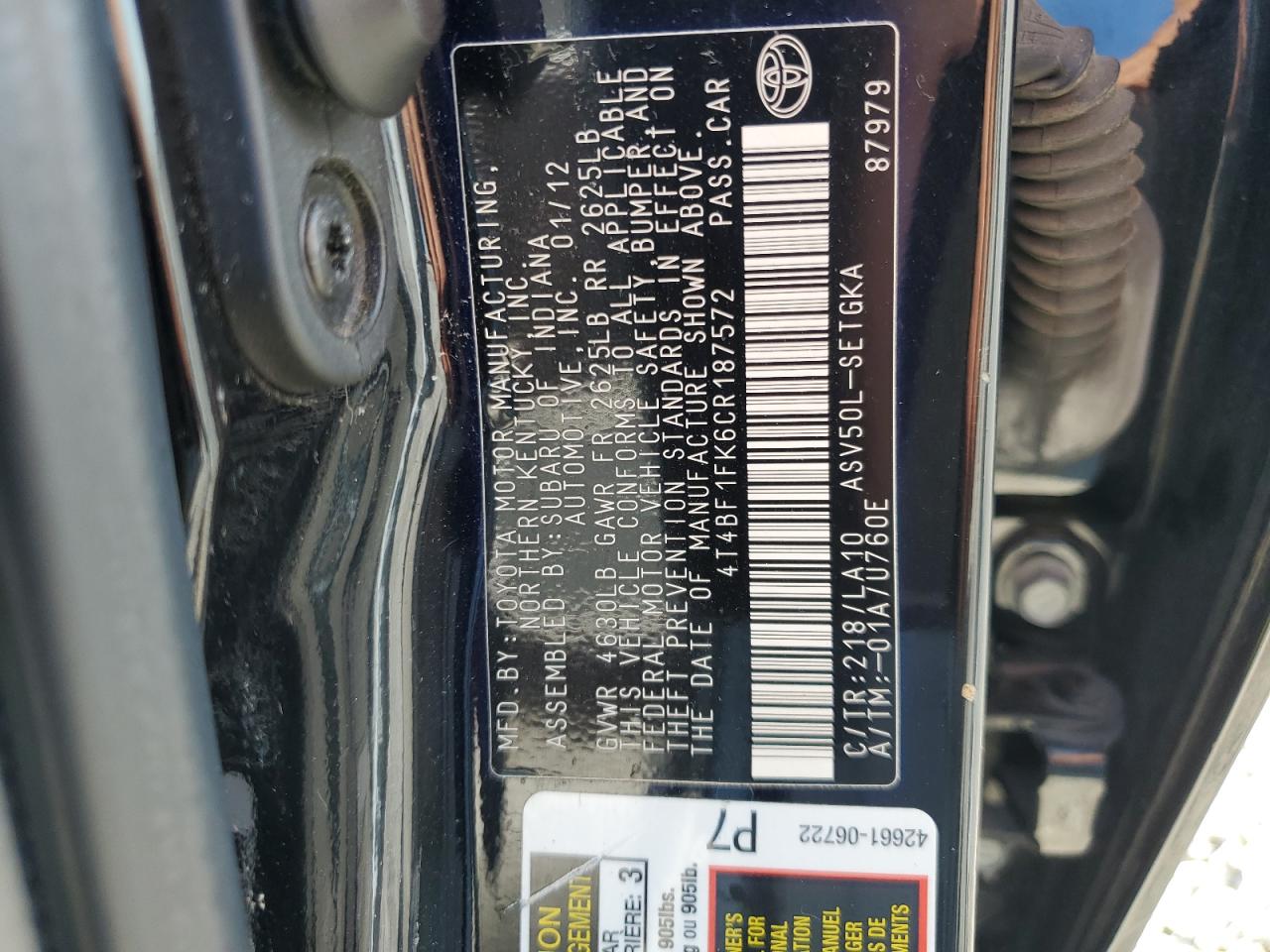 2012 Toyota Camry Base VIN: 4T4BF1FK6CR187572 Lot: 69157005