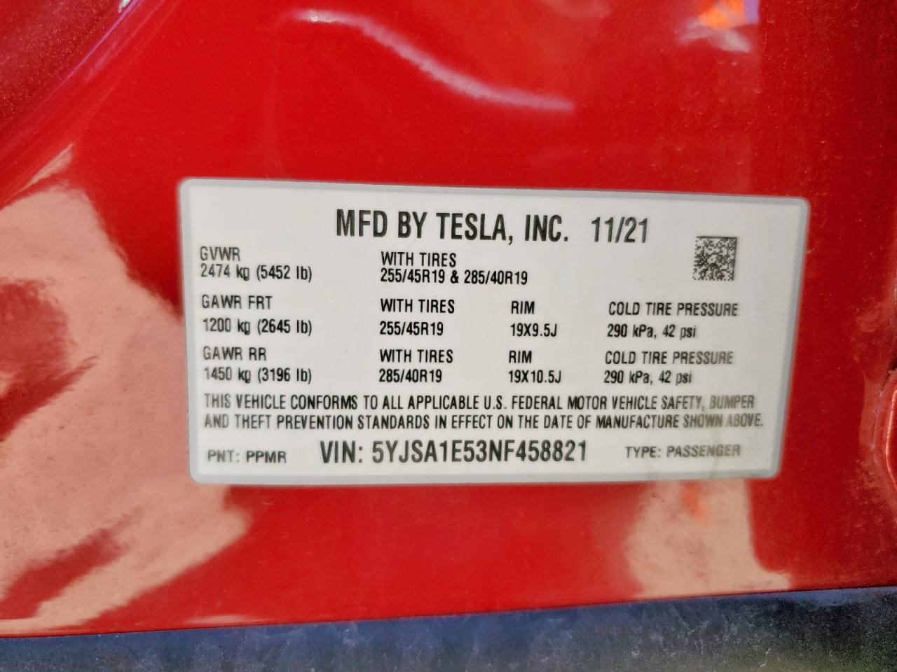 2022 Tesla Model S VIN: 5YJSA1E53NF458821 Lot: 69455905