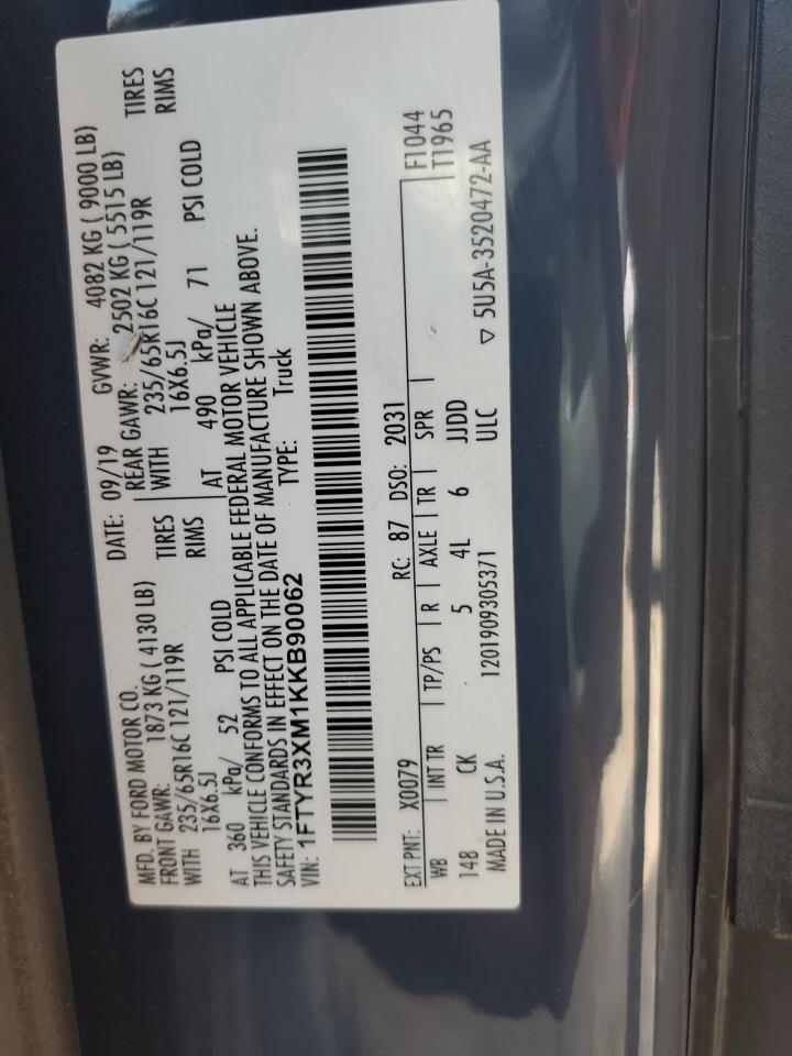 2019 Ford Transit T-250 VIN: 1FTYR3XM1KKB90062 Lot: 68172445