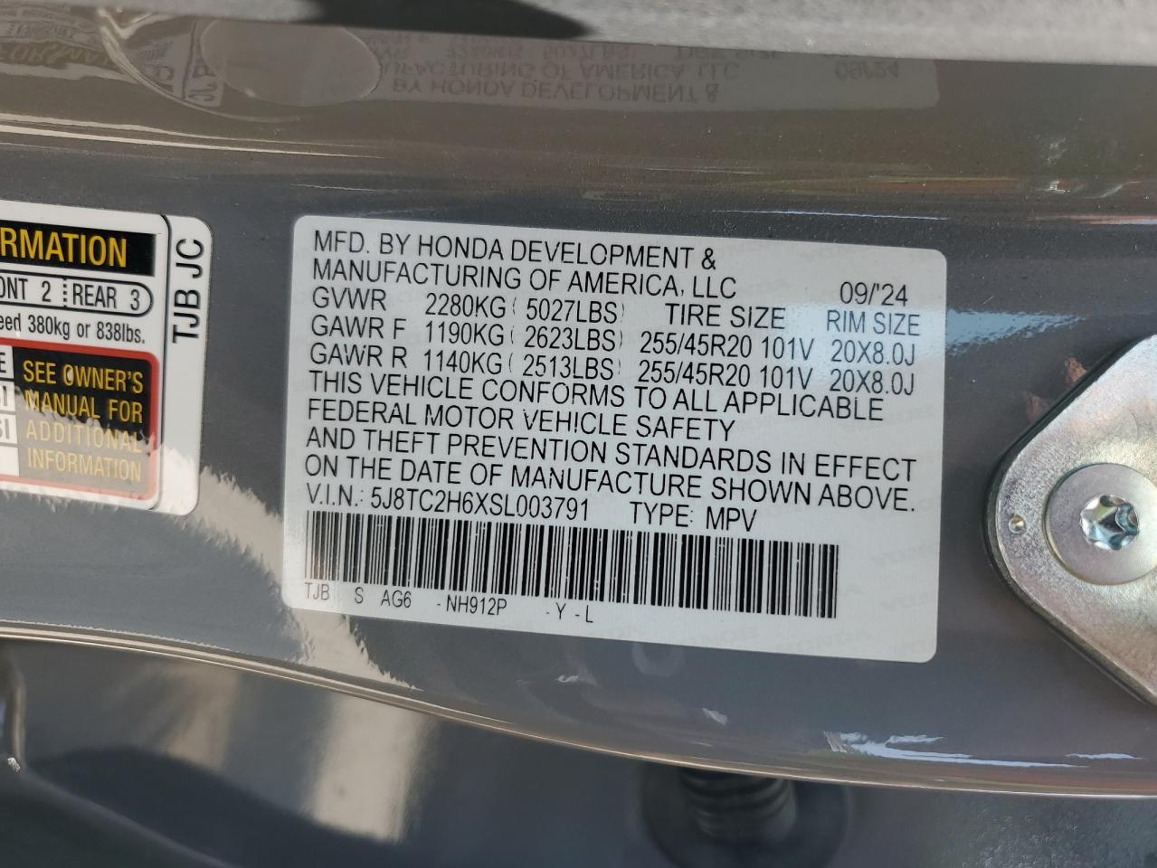 2025 Acura Rdx A-Spec VIN: 5J8TC2H6XSL003791 Lot: 68043255