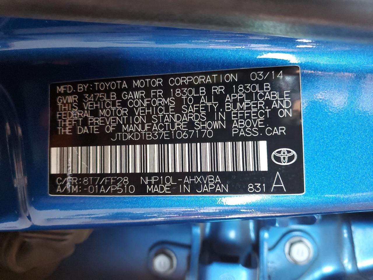 2014 Toyota Prius C VIN: JTDKDTB37E1067170 Lot: 67428945