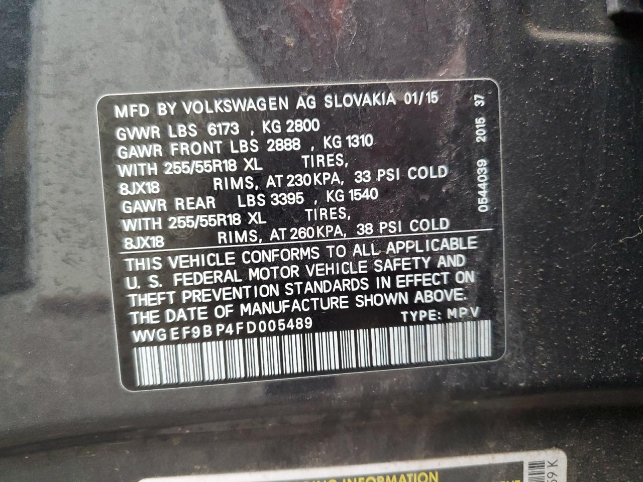 2015 Volkswagen Touareg V6 VIN: WVGEF9BP4FD005489 Lot: 69882805