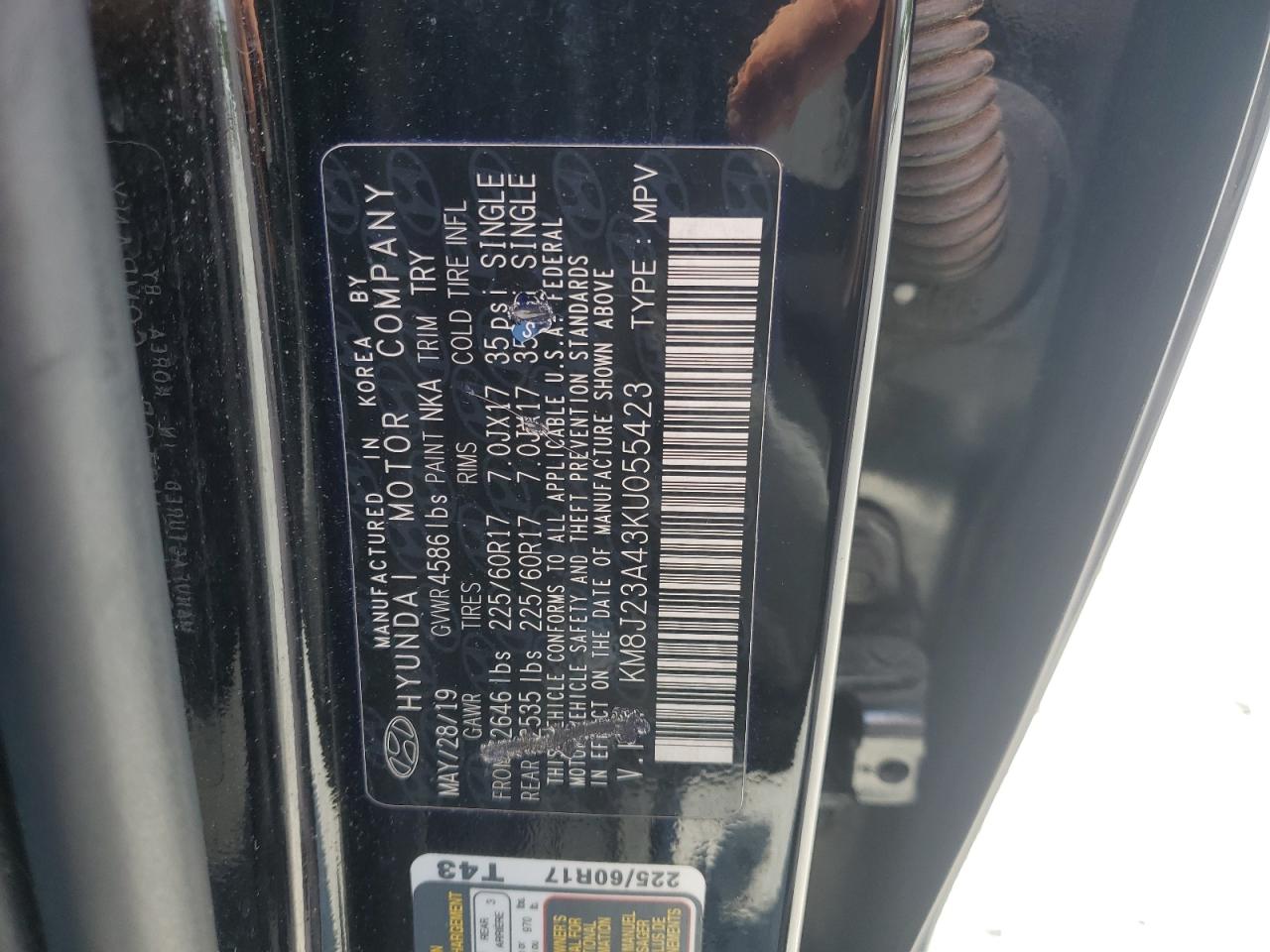 2019 Hyundai Tucson Se VIN: KM8J23A43KU055423 Lot: 70357545