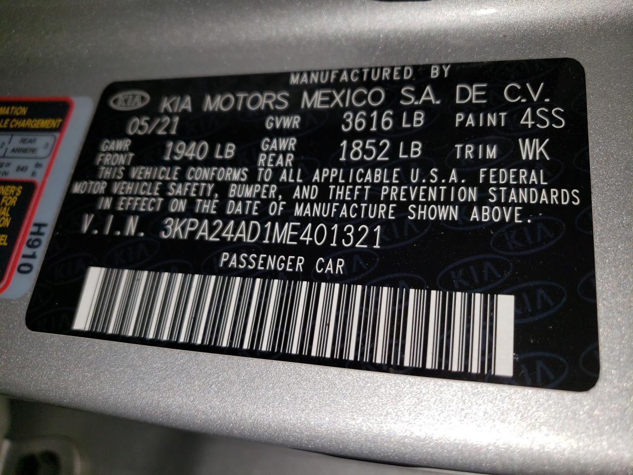 2021 Kia Rio Lx VIN: 3KPA24AD1ME401321 Lot: 70022285
