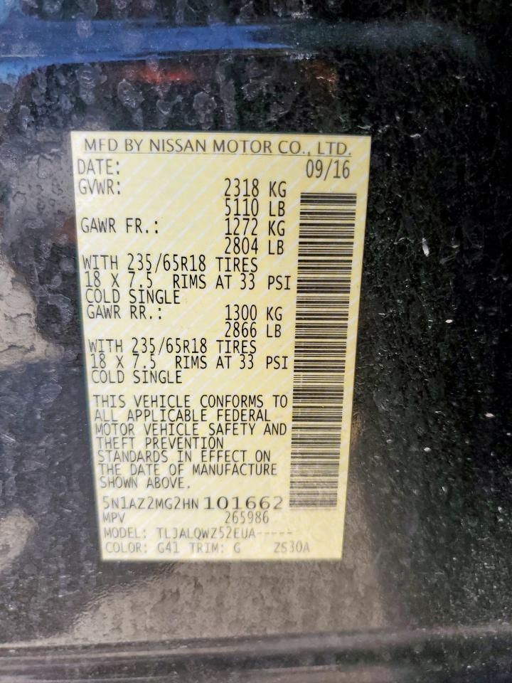 2017 Nissan Murano S VIN: 5N1AZ2MG2HN101662 Lot: 70928845