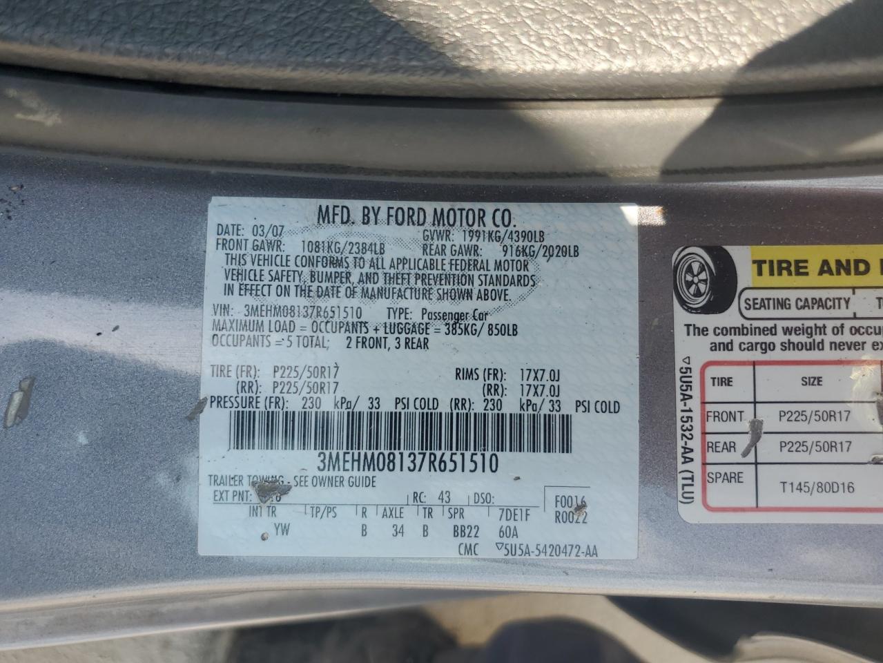 2007 Mercury Milan Premier VIN: 3MEHM08137R651510 Lot: 68166195