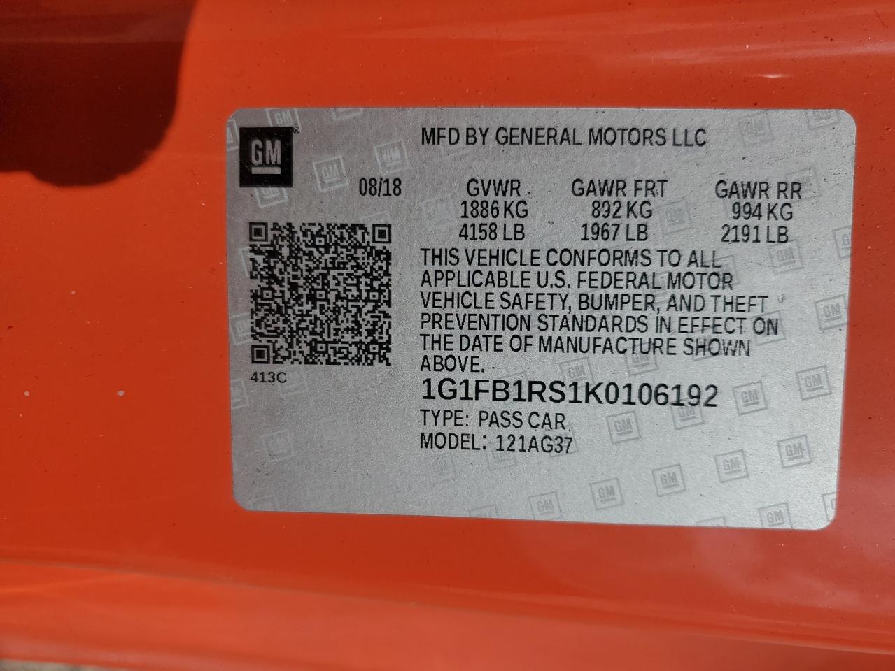 2019 Chevrolet Camaro Ls VIN: 1G1FB1RS1K0106192 Lot: 69780275