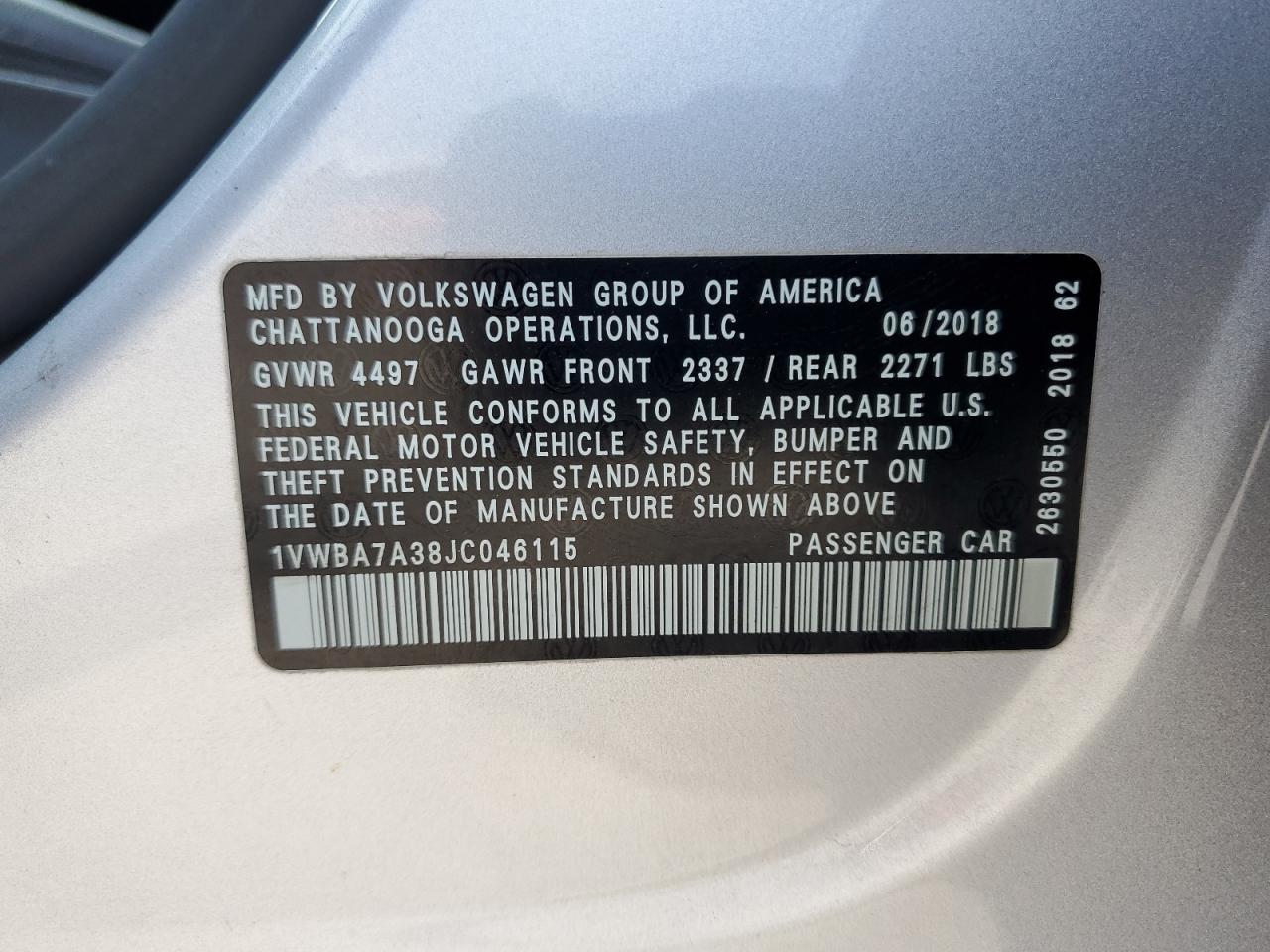 2018 Volkswagen Passat Se VIN: 1VWBA7A38JC046115 Lot: 68921865