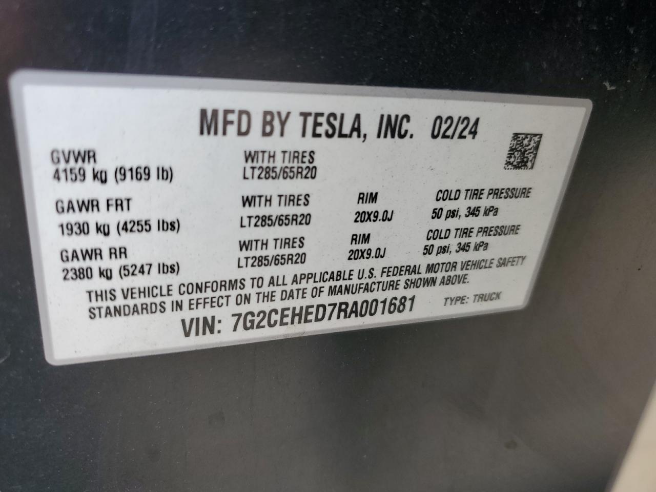 2024 Tesla Cybertruck VIN: 7G2CEHED7RA001681 Lot: 67993805
