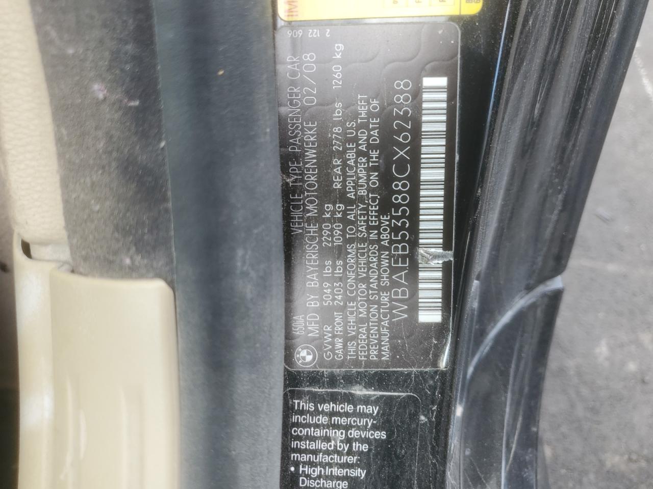 2008 BMW 650 I VIN: WBAEB53588CX62388 Lot: 84991695