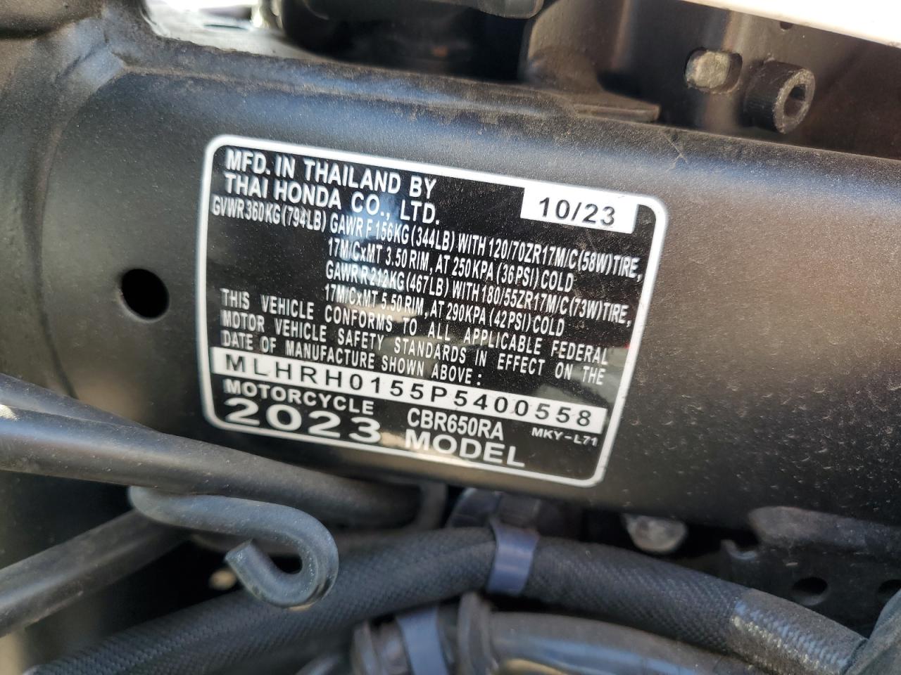 2023 Honda Cbr650 Ra VIN: MLHRH0155P5400558 Lot: 71100415